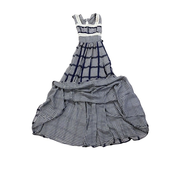 Vintage Gingham Prairie Blue White Maxi Dress Small Cottage Lace Boho Hippie - Picture 3 of 10